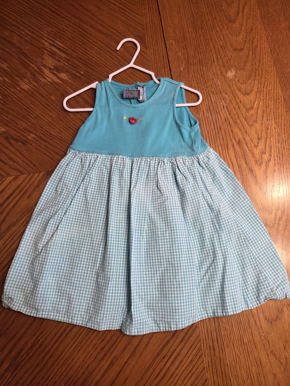 Sleeveless Teal Gingham Girls' Dress with Embroidered Detail